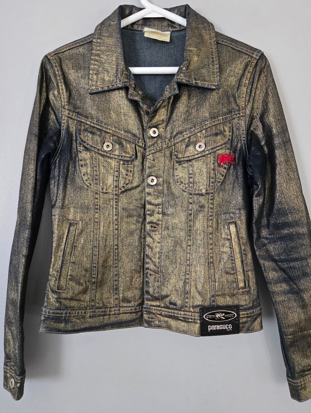Vintage 1990s Parasuco Jean Jacket Women Denim Blue Metalic Gold Y2K Size S